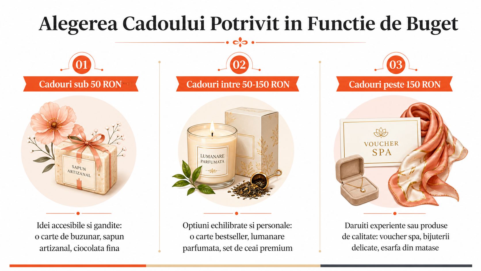 Infografic care prezintă idei de cadouri pentru femei, organizate pe categorii de preț, de la mic la mare.