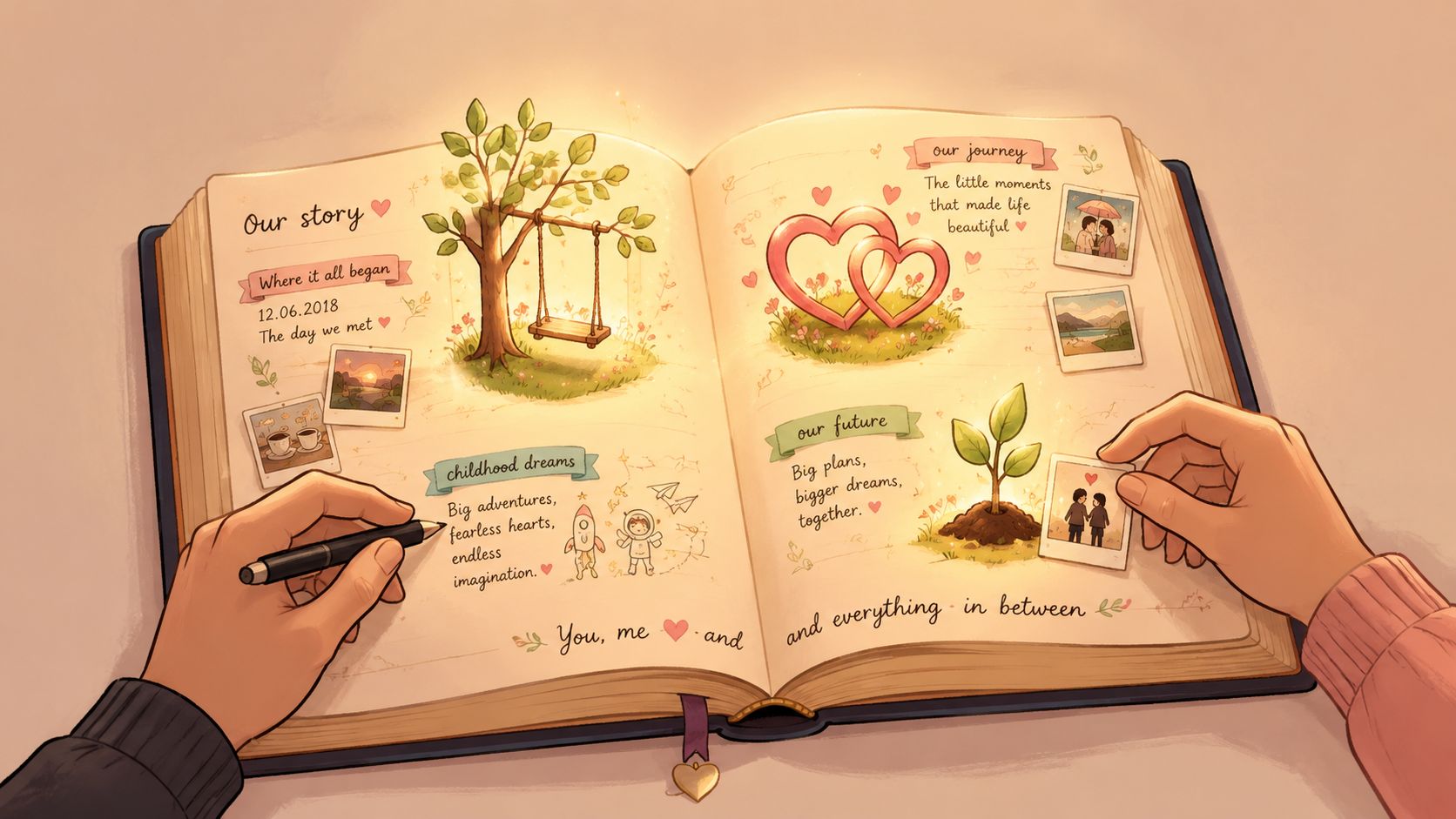 O ilustrație caldă a unui jurnal de cuplu deschis, prezentând amintiri frumoase, fotografii și desene romantice.