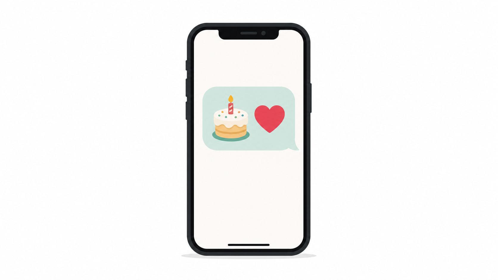 Un smartphone modern care afișează un mesaj digital cu un tort aniversar și o inimă roșie.