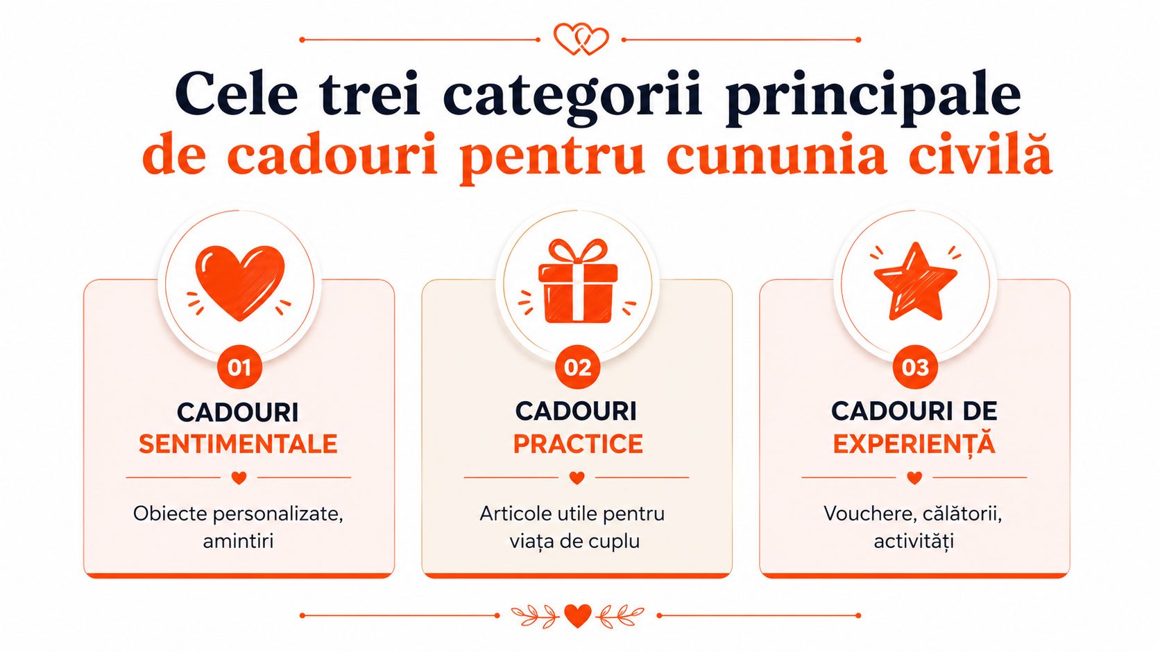 Infografic ce prezintă cele trei categorii principale de idei pentru cadouri oferite la cununia civilă, împărțite pe stiluri.