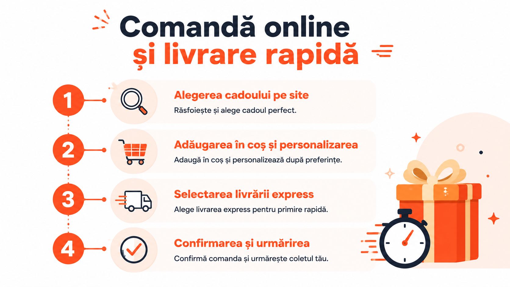 Infografic în patru pași despre procesul simplu de comandă online și livrare rapidă a cadourilor.