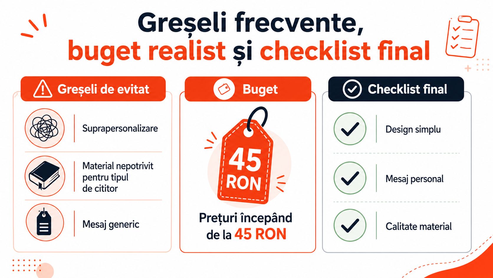 Infografic despre greșeli, buget și recomandări pentru crearea unui semn de carte personalizat de calitate.