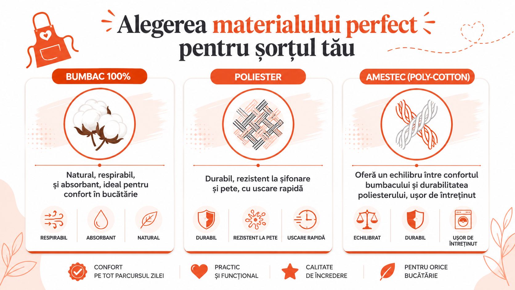 Infografic educativ despre alegerea materialului ideal pentru șorțuri de bucătărie: bumbac, poliester sau amestec poly-cotton.