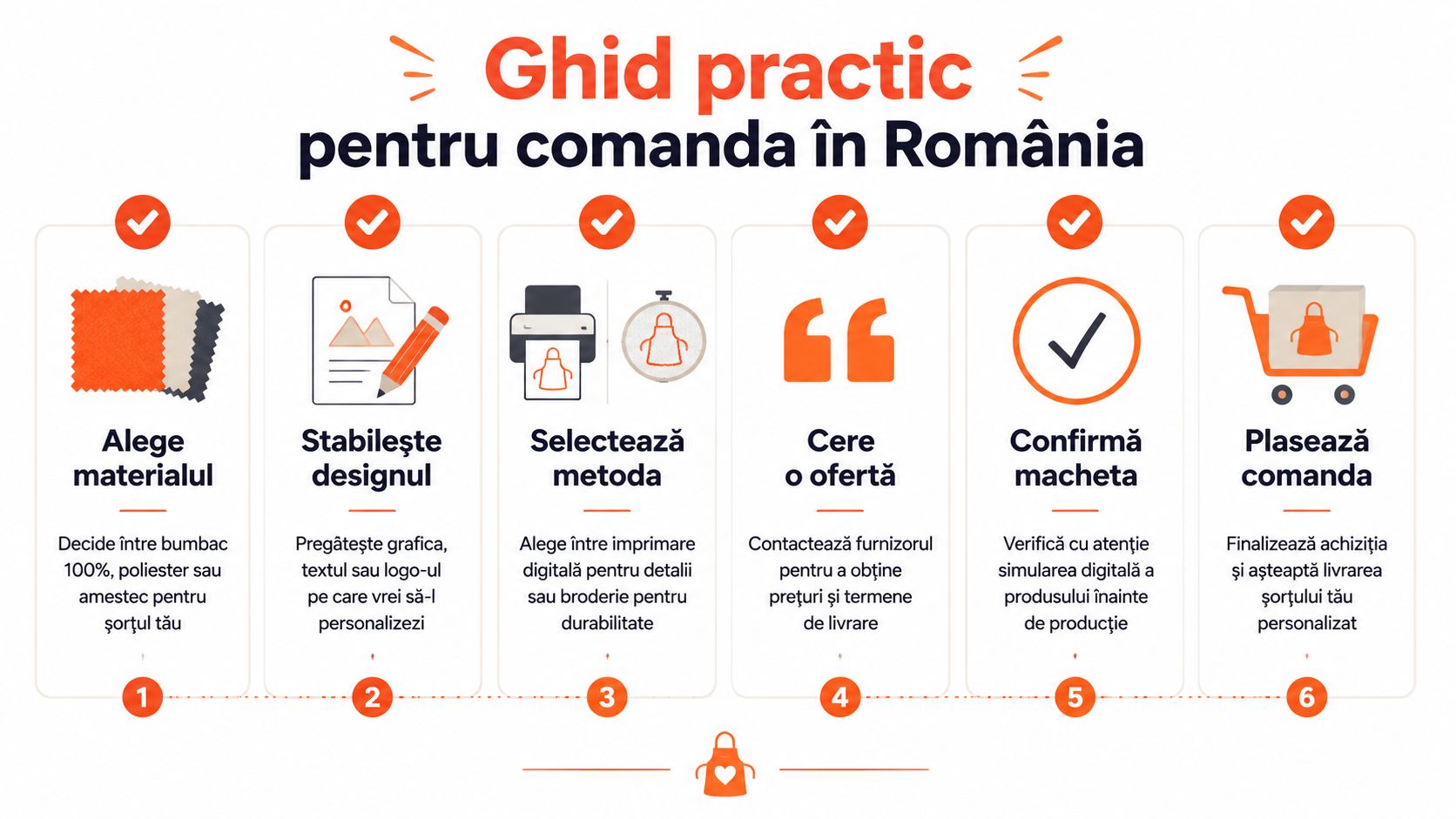 Ghid practic pentru personalizarea și comandarea șorțurilor de bucătărie în România, ilustrat printr-un proces în șase pași.
