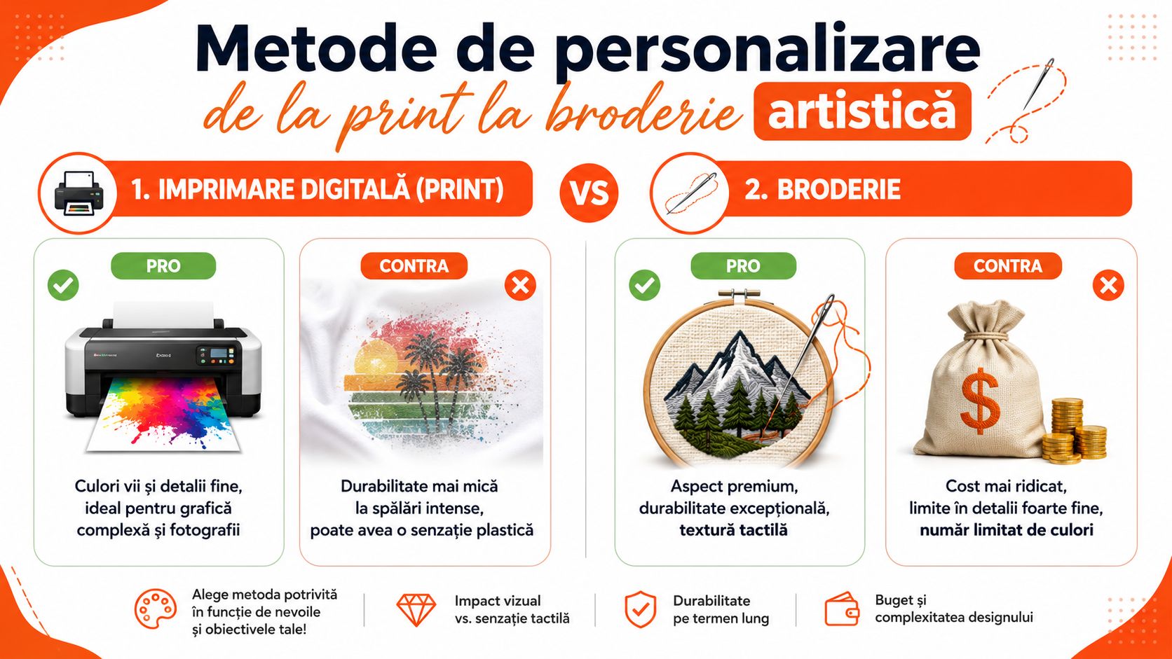 Comparație între imprimarea digitală și broderie pentru personalizarea textilelor, evidențiind avantajele și dezavantajele fiecărei metode grafice.