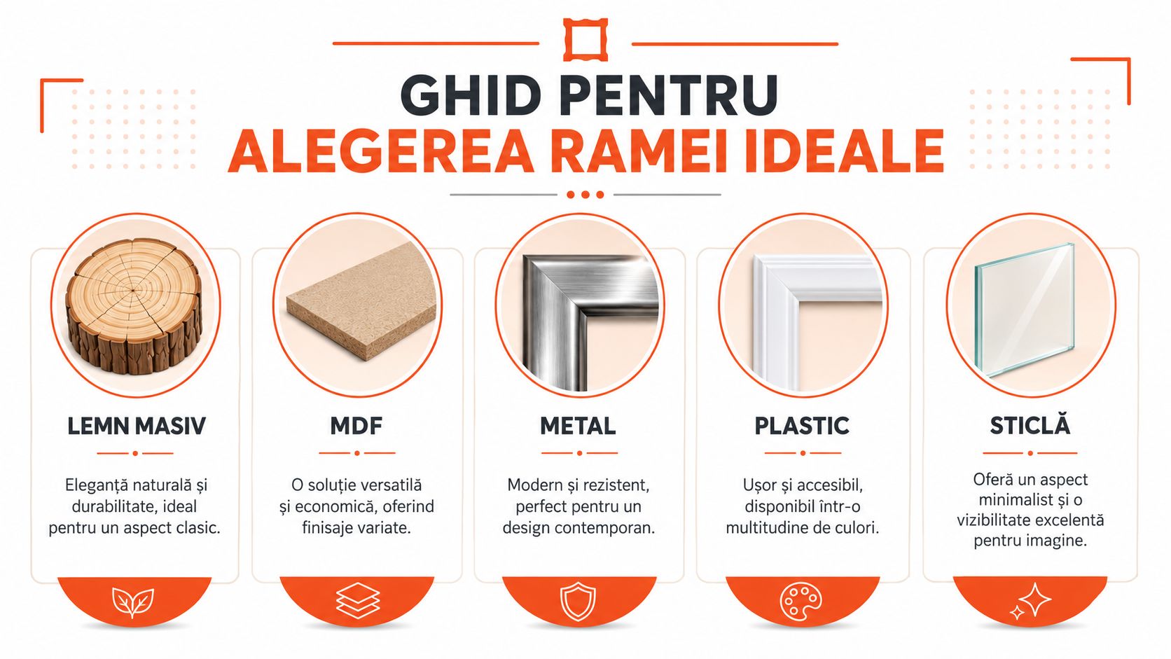 Infografic educativ despre alegerea materialelor ideale pentru rame foto, incluzând lemn masiv, MDF, metal, plastic și sticlă.