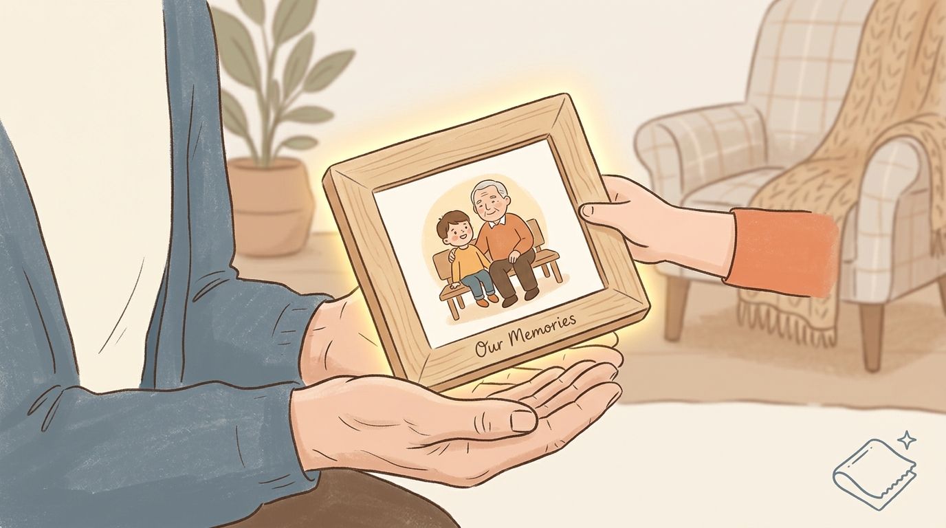 Un adult și un copil țin împreună o ramă foto personalizată cu o ilustrație emoționantă despre amintiri.