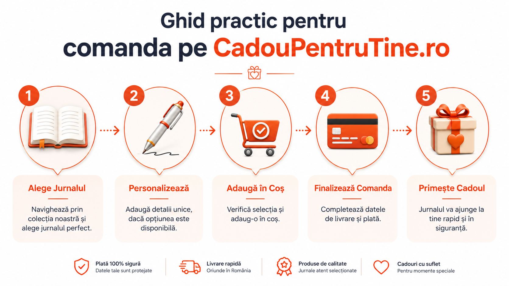 Ghid vizual în cinci pași pentru comandarea unui jurnal personalizat pe site-ul CadouPentruTine.ro.