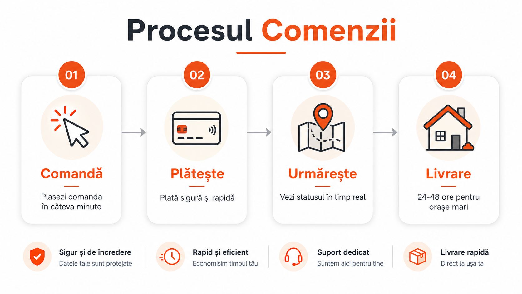 Diagramă vizuală care explică procesul simplu de comandă, plată și livrare rapidă a produselor online.