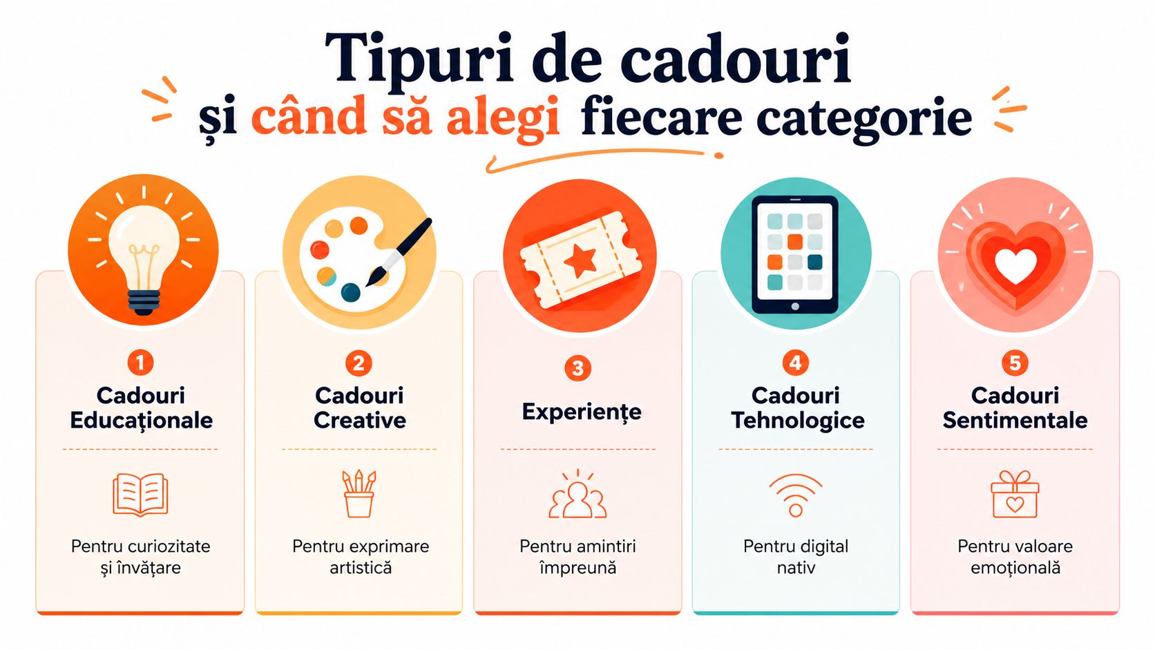 Infografic ce prezintă cinci tipuri de cadouri potrivite pentru diferite ocazii și interese ale celor dragi.