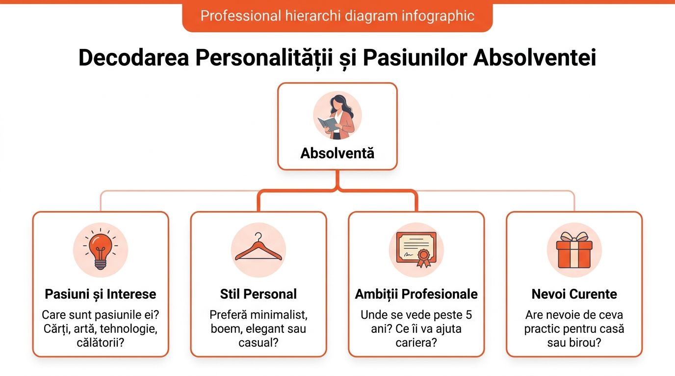 Diagramă vizuală care descrie personalitatea și interesele unei absolvente pentru a ghida alegerea cadoului ideal.