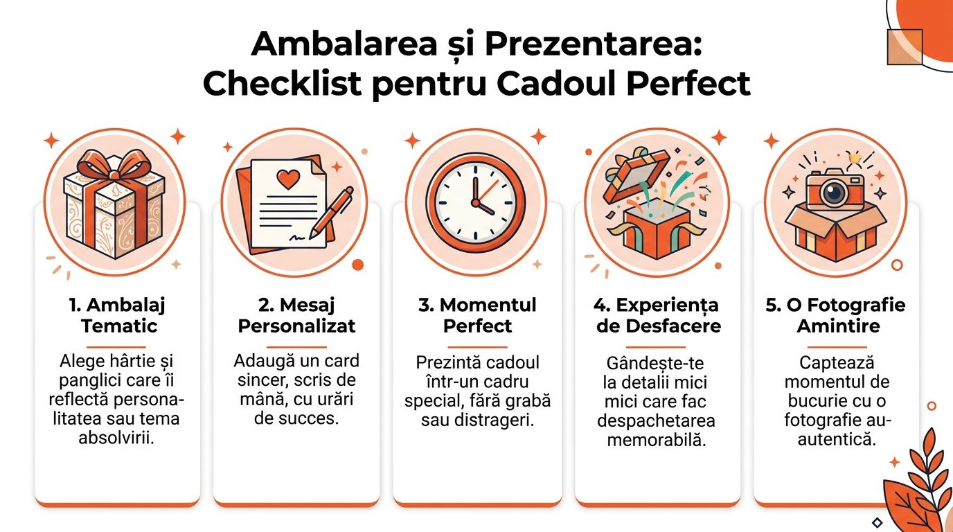 Un infografic cu cinci pași esențiali pentru ambalarea și prezentarea perfectă a unui cadou de absolvire.