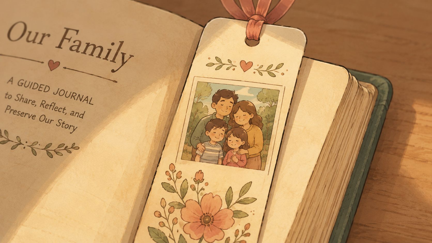 Un semn de carte elegant într-un jurnal de familie, decorat cu ilustrații florale și o fotografie cu familia.