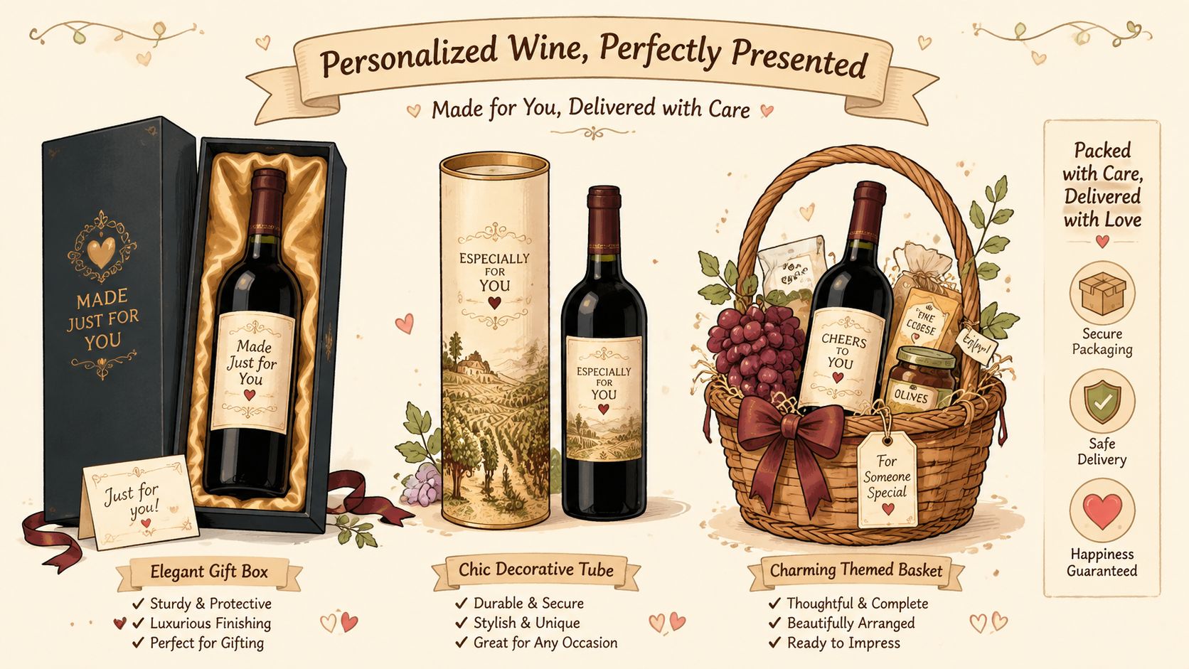 Sticla de vin personalizata prezentată elegant în cutie, tub decorativ sau coș cadou pentru ocazii speciale.