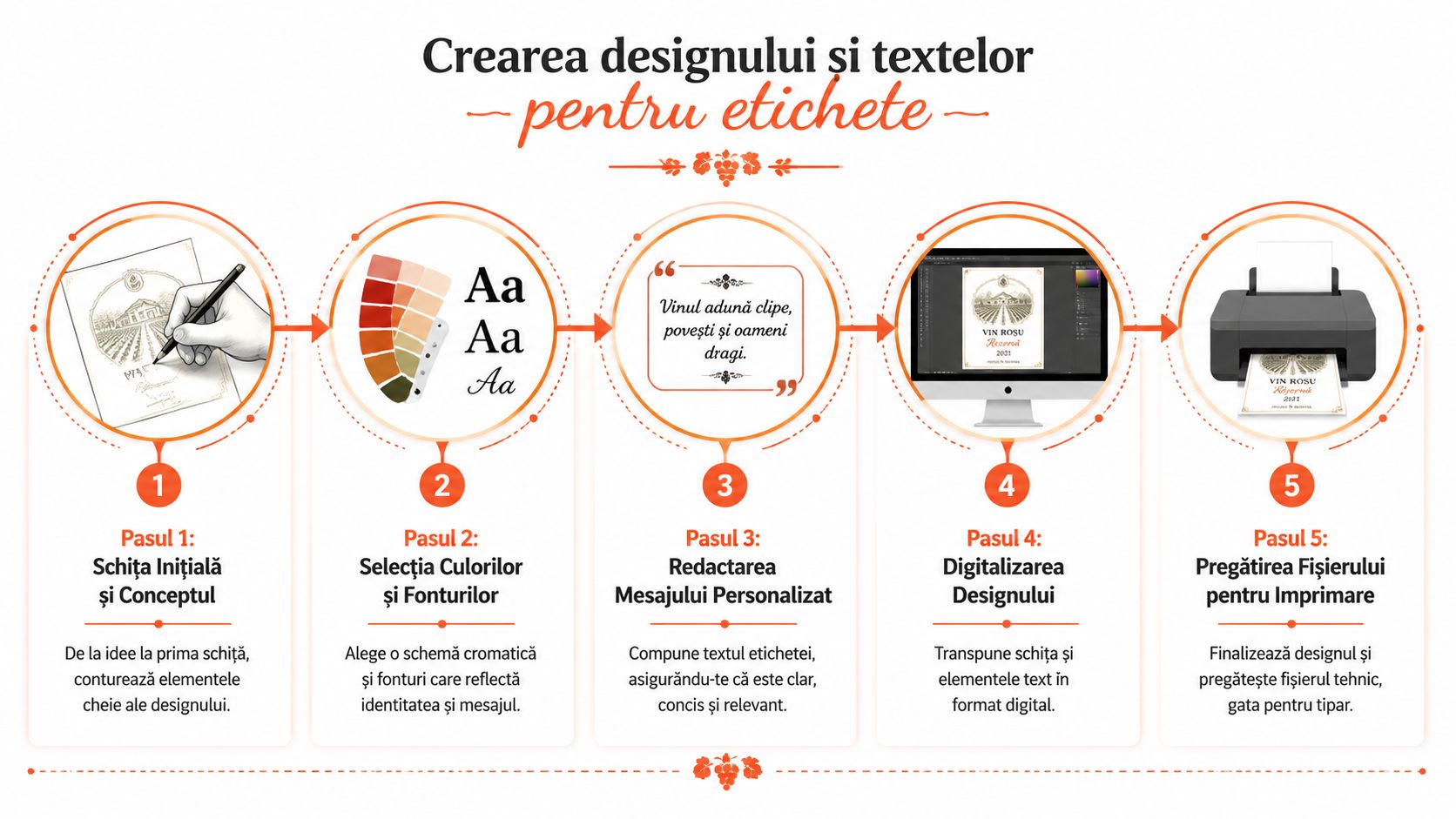 Infografic ce descrie cei cinci pași pentru crearea designului și a textului pentru etichete de vin personalizate.