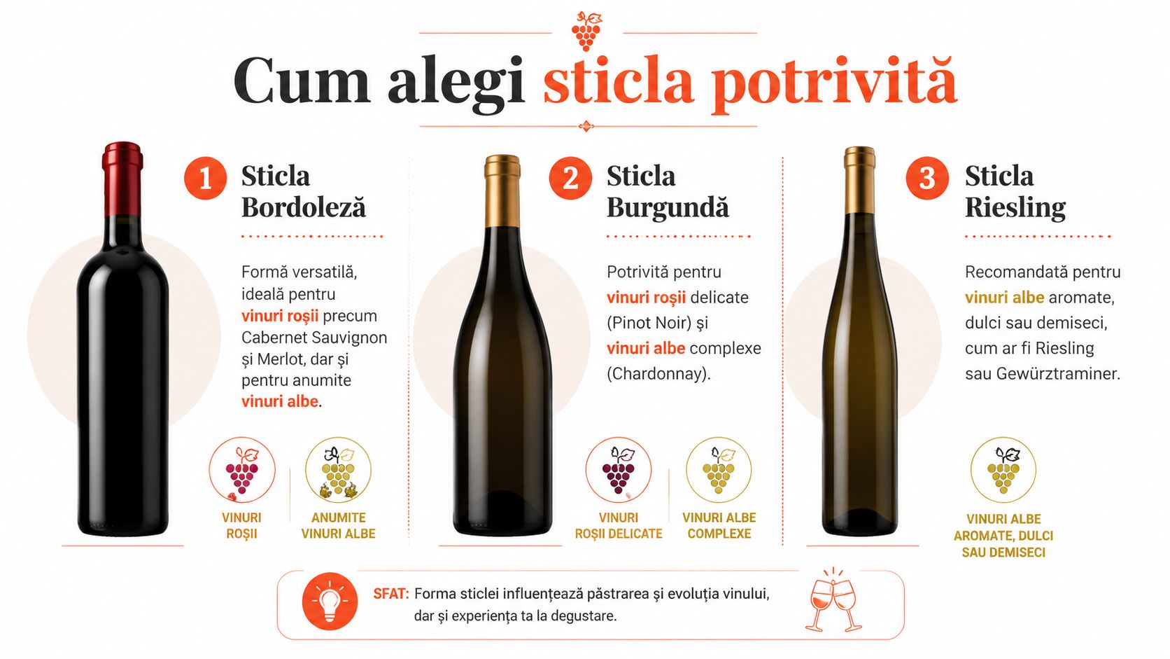 Infografic explicativ despre cum să alegi sticla de vin potrivită în funcție de tipul și caracteristicile acestuia.