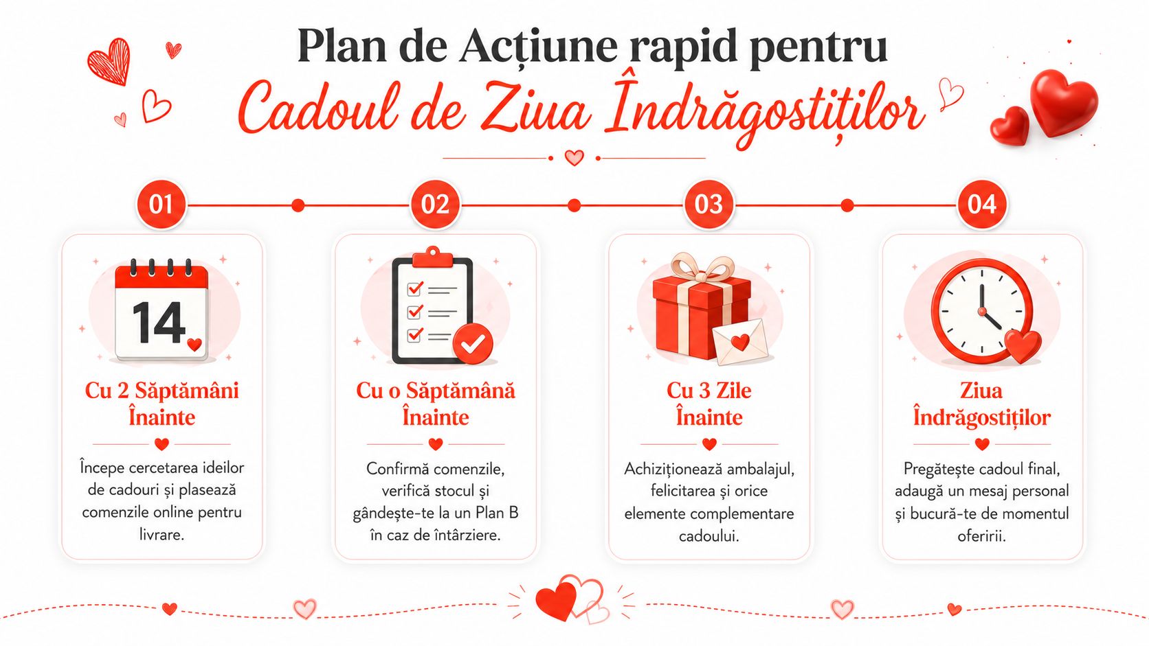 Infografic cu un plan de acțiune rapid pentru pregătirea cadourilor de Ziua Îndrăgostiților, organizat pe patru pași.