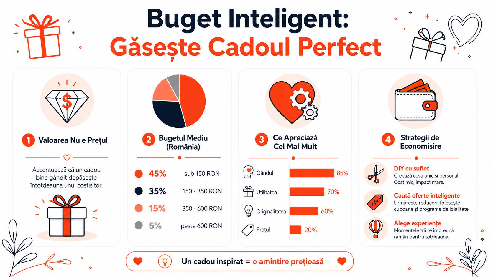 Infografic care prezintă sfaturi inteligente pentru alegerea cadoului ideal cu un buget optimizat pentru orice ocazie.