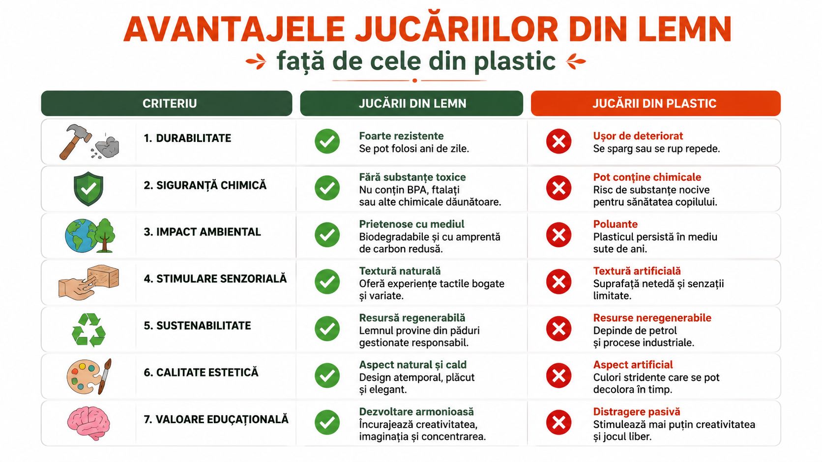 Tabel comparativ care evidențiază avantajele jucăriilor din lemn față de cele din plastic pentru copii.