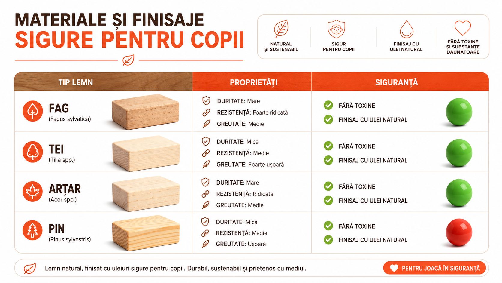 Tabel comparativ cu tipuri de lemn sigure pentru jucării, evidențiind proprietățile și siguranța acestor materiale naturale.