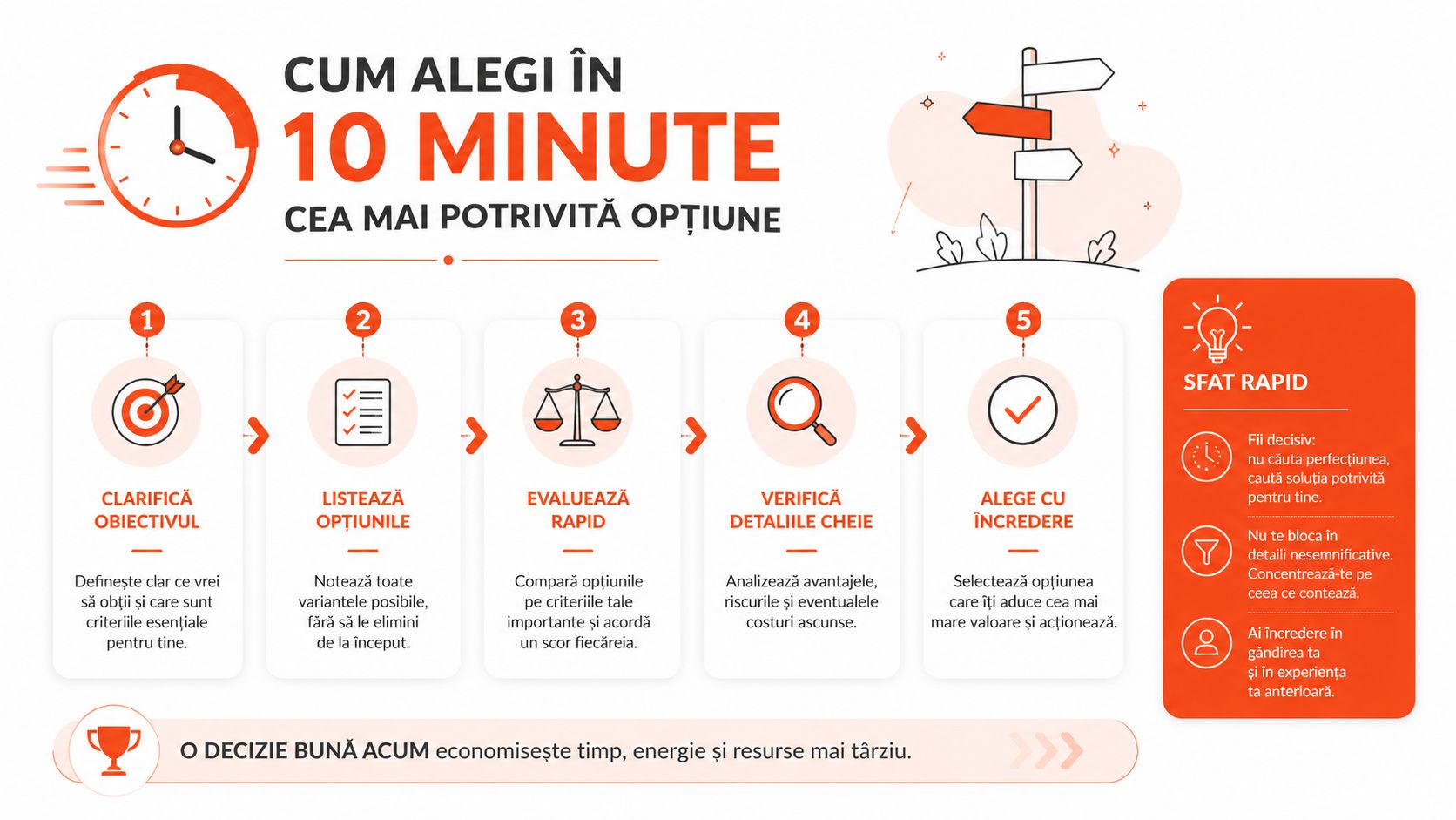 Infografic ce explică procesul de luare a unei decizii eficiente și rapide în doar zece minute.