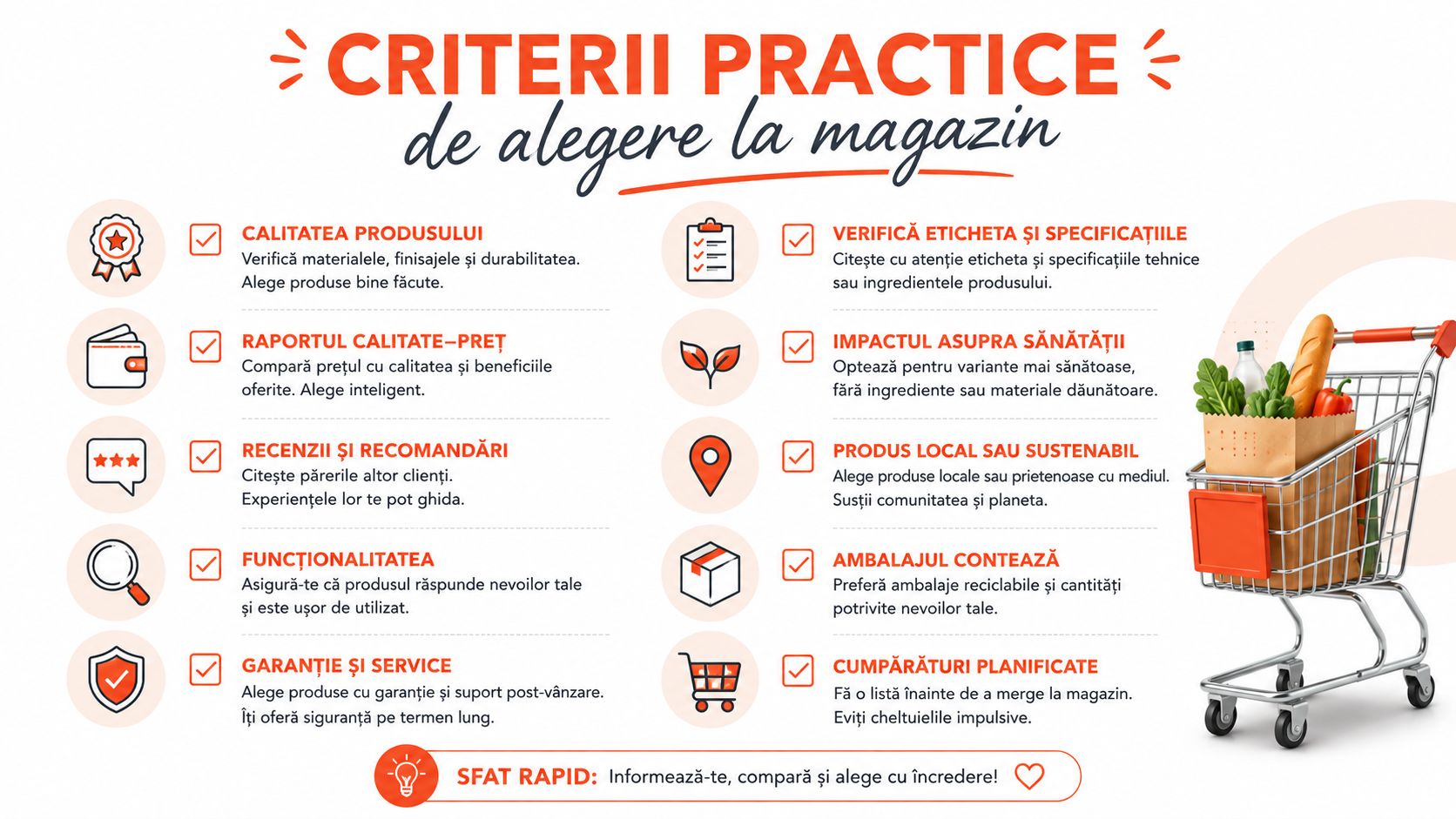 Infografic cu criterii practice pentru cumpărături inteligente, evidențiind calitatea, prețul, sustenabilitatea și planificarea pentru o experiență optimă.