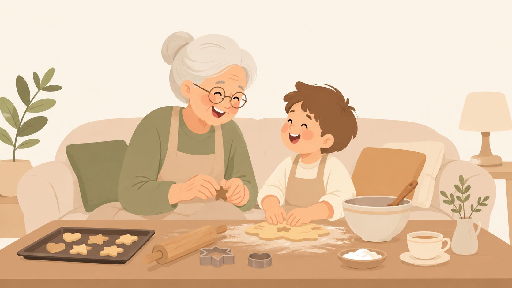 O bunică și nepotul ei pregătesc împreună biscuiți delicioși de casă, zâmbind fericiți în sufrageria lor confortabilă.